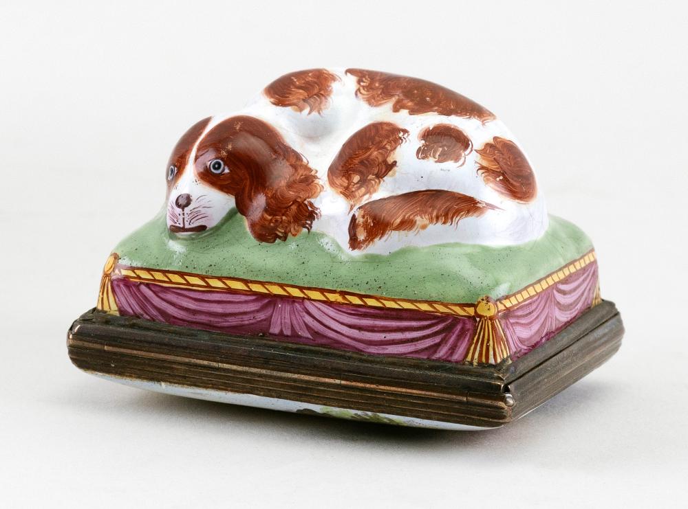 Appraisal: ENGLISH ENAMEL SPANIEL BONBONNIERE CIRCA LENGTH ENGLISH ENAMEL SPANIEL BONBONNIERE