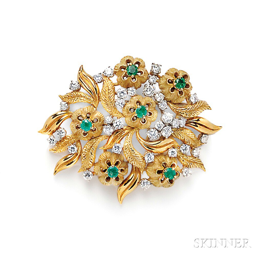 Appraisal: kt Gold Emerald and Diamond Brooch designed as a flower