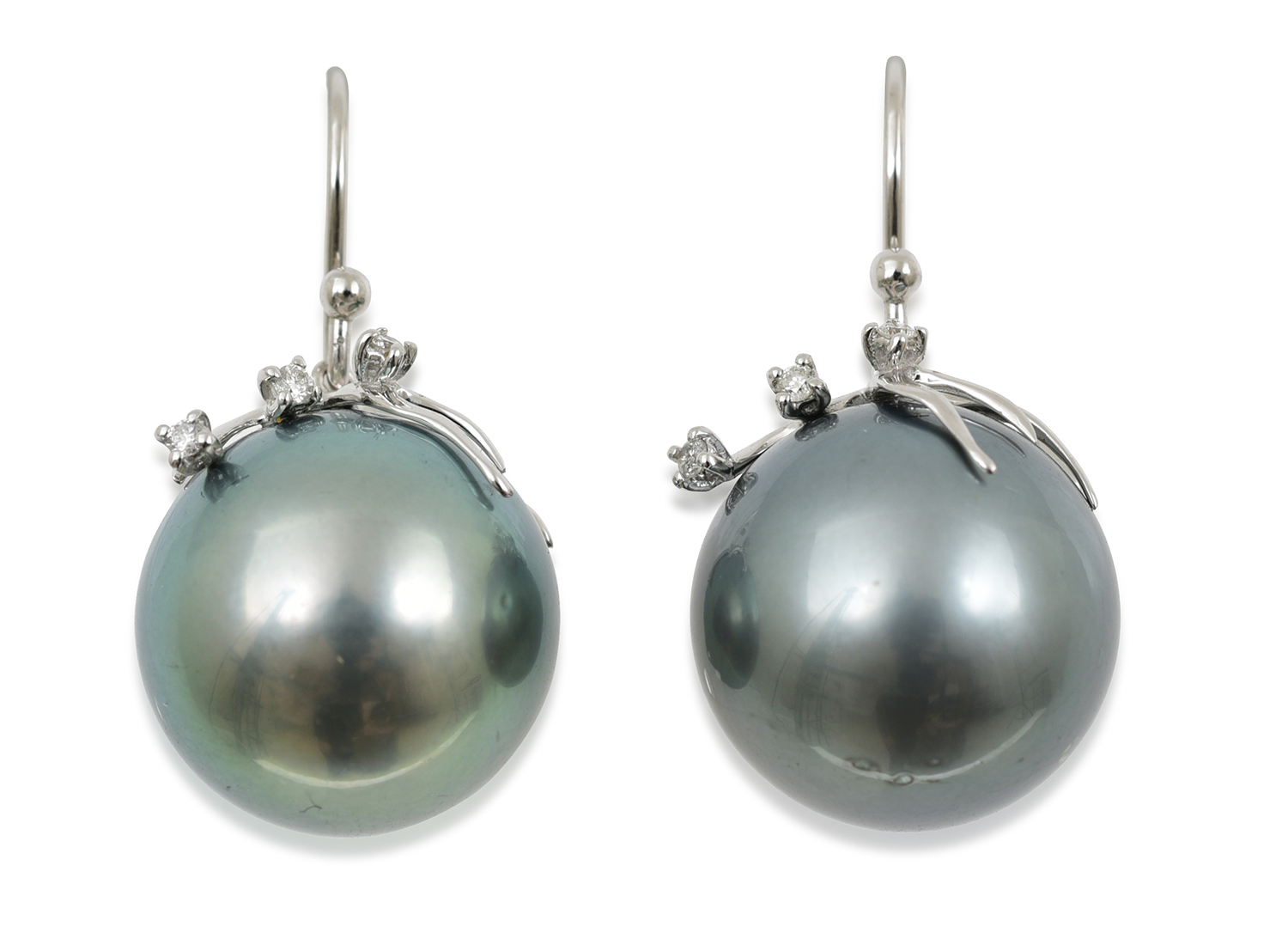 Appraisal: A PAIR OF TAHITIAN PEARL AND DIAMOND EARRINGS Each earring