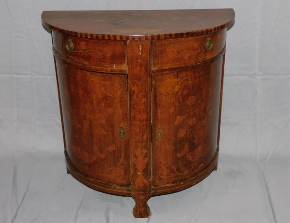 Appraisal: CONTINENTAL DEMILUNE COMMODE MAHOGANY WITHmarquetry inlay depicting flowers and birds