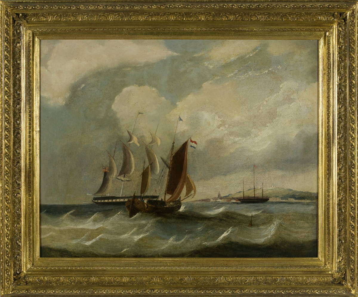 Appraisal: DUTCH HARBOR SCENE WITH AMERICAN FRIGATE SECOND QUARTER NINETEENTH CENTURY