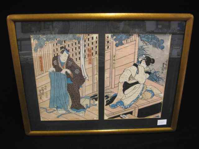 Appraisal: Japanese Woodblock Diptych man woman signed each image approx -