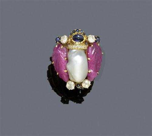 Appraisal: NATURAL PEARL RUBY SAPPHIRE AND DIAMOND RING LOMBARD Yellow gold