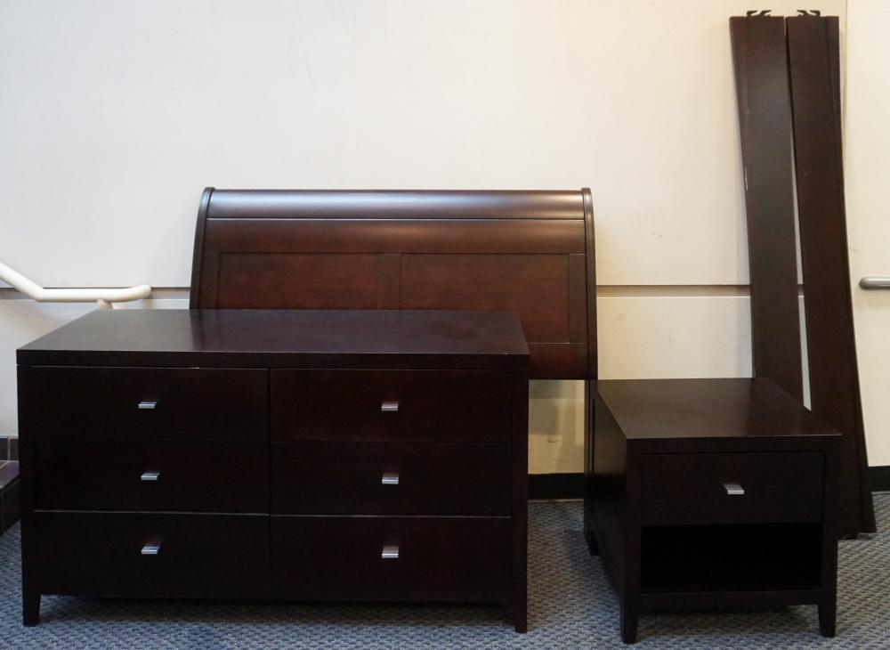 Appraisal: Contemporary Stained Fruitwood Queen Bed Nightstand and Double Dresser