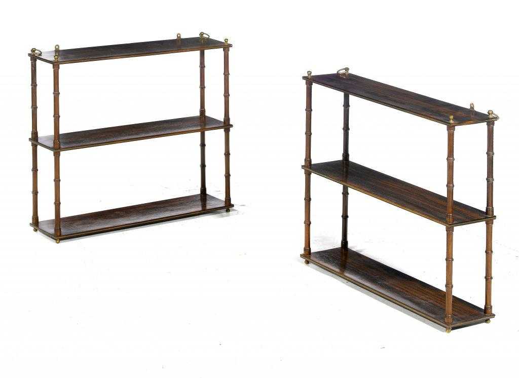 Appraisal: A PAIR OF ROSEWOOD GRAINED THREE TIER HANGING SHELVES with