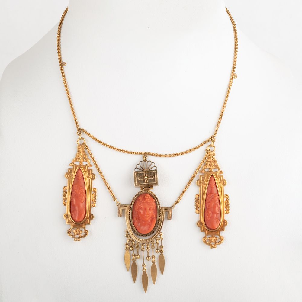 Appraisal: Victorian Gold and Carved Coral Necklace Victorian Gold and Carved