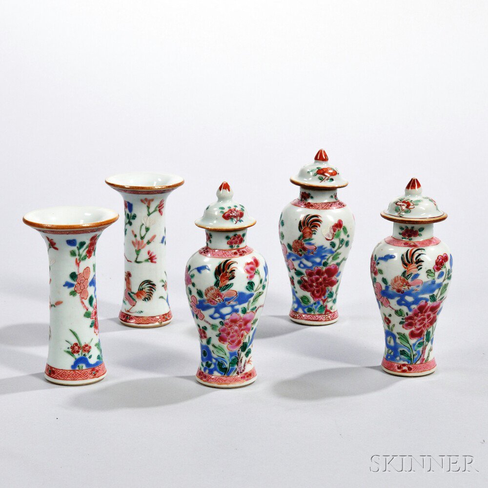 Appraisal: Miniature Qianlong Porcelain Five-piece Famille Rose-decorated Garniture China th century