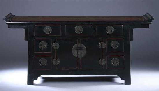 Appraisal: CHINESE BLACK LACQUERED ELMWOOD ALTAR TABLE Rectangular top above seven