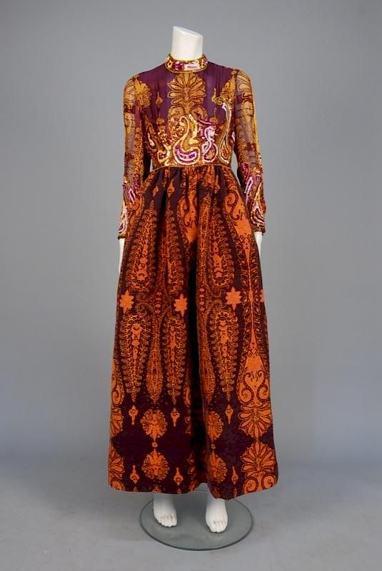 Appraisal: RONALD AMEY PRINTED and SEQUINED EVENING DRESS s Aubergine silk