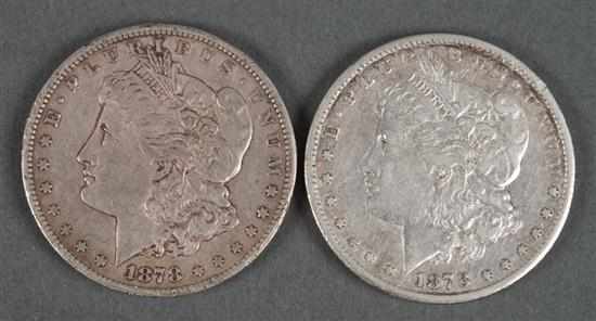 Appraisal: Two United States Morgan type silver dollars -CC each about