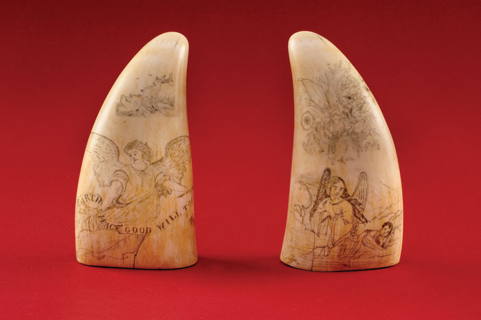 Appraisal: RARE PAIR OF SCRIMSHAW 'LIFE STORY' WHALE'S TEETH MID-NINETEENTH CENTURY