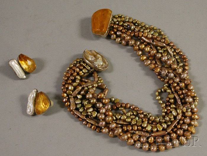 Appraisal: Sterling Silver Freshwater Pearl and Amber Suite Rebecca Collins for