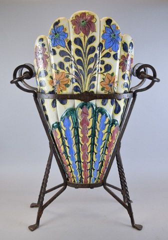 Appraisal: Italian Faience Pottery Umbrella Stand Hand painted In cast iron