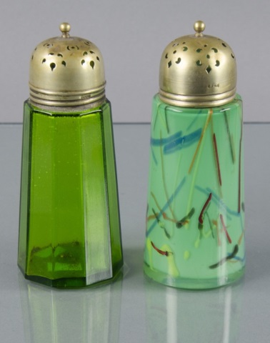 Appraisal: Two Vintage Green Sugar ShakersOne decorated with random multi-colored lines