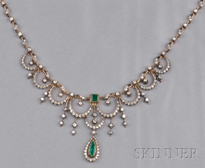 Appraisal: Emerald and Diamond Necklace set with transitional and single-cut diamonds