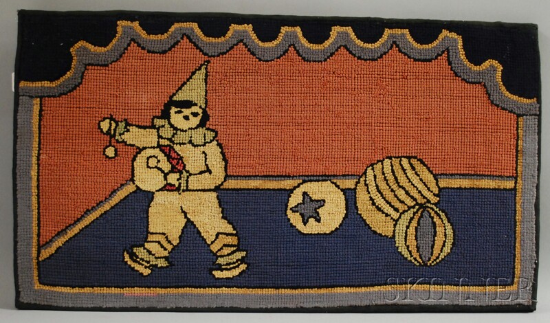 Appraisal: Hooked Rug Depicting a Clown with Drum and Toys America