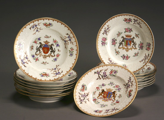 Appraisal: Set of Fifteen Samson Chinese Export-Type Armorial Soup Plates Early