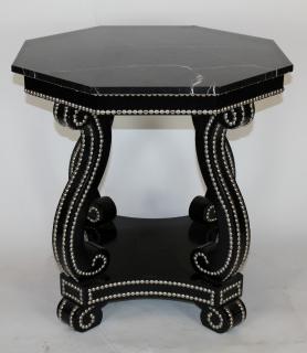 Appraisal: Studded octagonal side table with marble Studded ebonized octagonal side