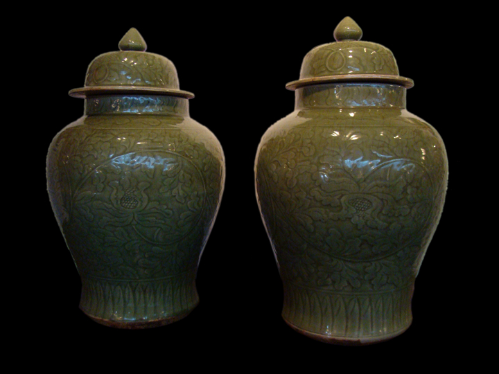 Appraisal: Good Pair of Chinese Celadon Porcelain Covered Vases th century