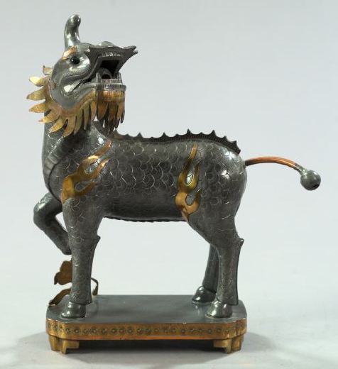 Appraisal: Chinese Copper- and Brass-Set Engraved Pewter Figure of a Braying