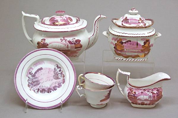 Appraisal: An assembled pink luster tea set second half th century