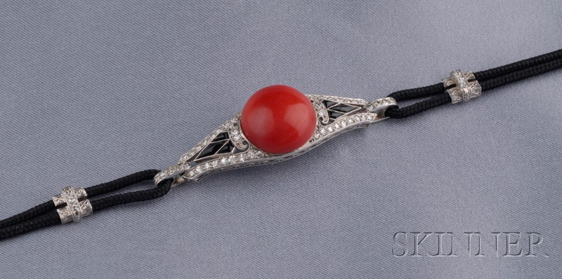 Appraisal: Art Deco Coral Onyx and Diamond Bracelet set with a