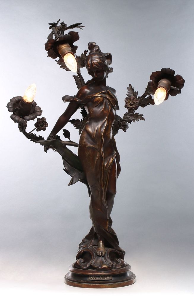 Appraisal: A SPELTER ART NOUVEAU NEWELL POST LIGHT TITLED GALATEA The