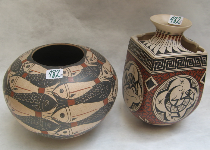 Appraisal: TWO SIGNED SOUTHWEST STYLE POTTERY PIECES polychrome One an olla