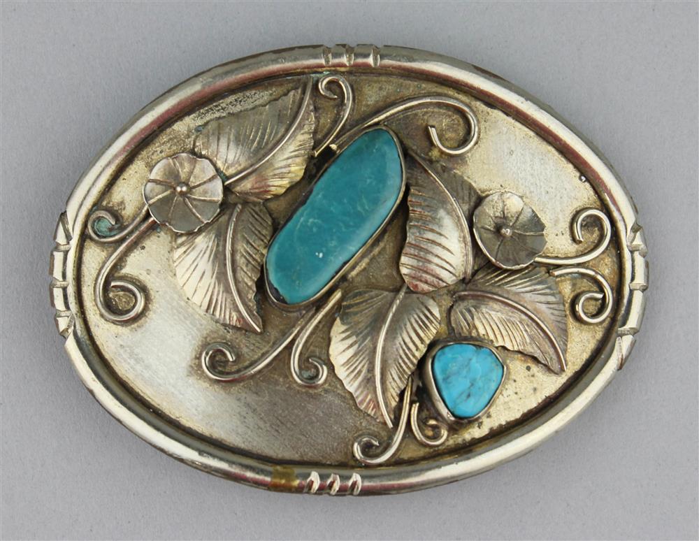 Appraisal: VINTAGE NATIVE AMERICAN STYLE SILVER BELT BUCKLE WITH TURQUOISE SIGNED