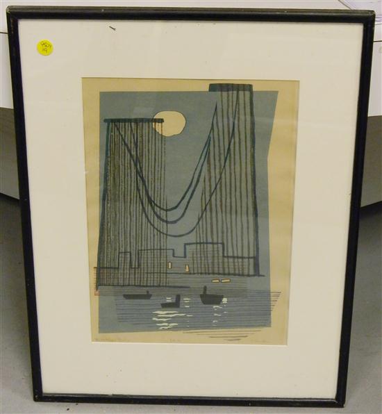 Appraisal: Edward Landon American - block print of the Brooklyn Bridge