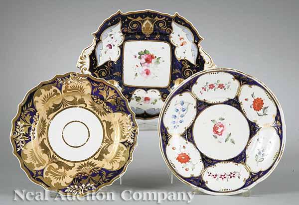 Appraisal: Three English Porcelain Dessert Plates with floral cobalt and gilt