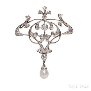 Appraisal: Edwardian Diamond and Pearl Brooch prong- bead- and bezel-set with