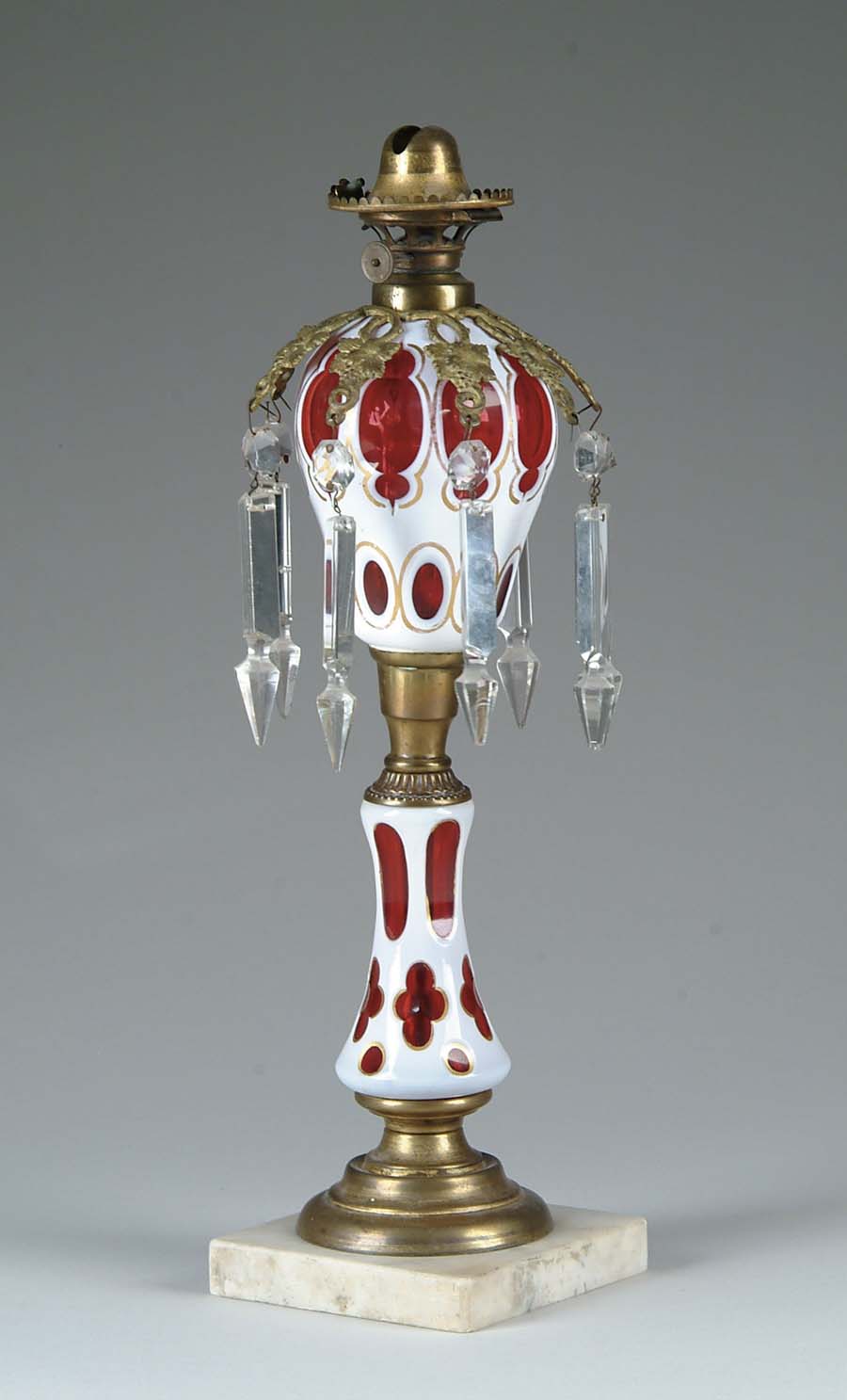 Appraisal: CUT OVERLAY OIL LAMP Outstanding early lamp has beautiful white