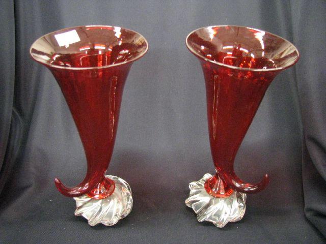 Appraisal: Pair of Pairpoint Ruby Art Glass Cornucopia Vases clear swirl