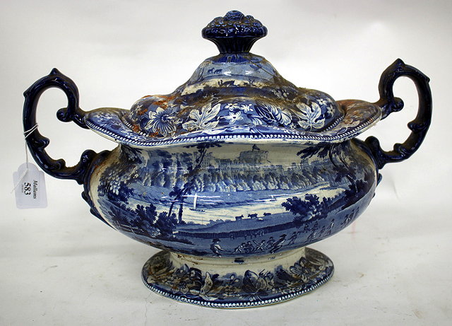 Appraisal: A TH CENTURY TWIN HANDLED BLUE AND WHITE POTTERY TUREEN