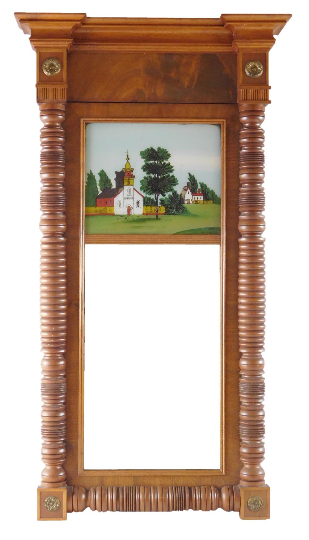 Appraisal: Sheraton eglomise wall mirror American early th C mahogany and