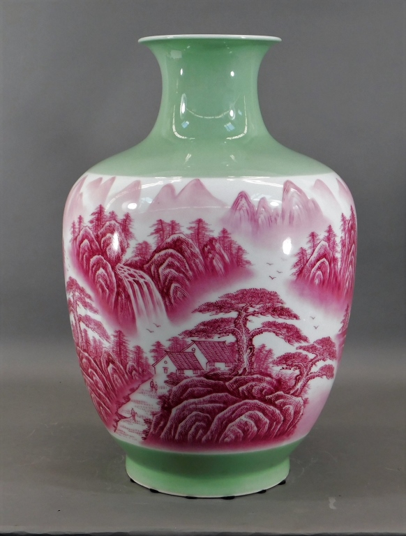 Appraisal: LG CHINESE RASPBERRY GLAZE PORCELAIN SCENIC VASE China th CenturyLarge