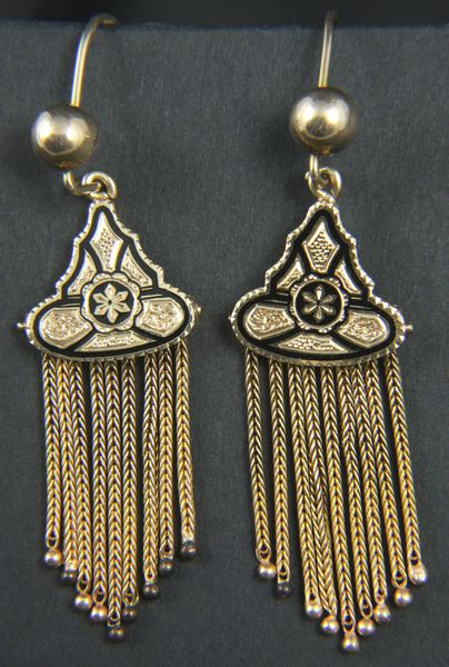 Appraisal: Pair of s k yellow gold enameled dangle earrings long