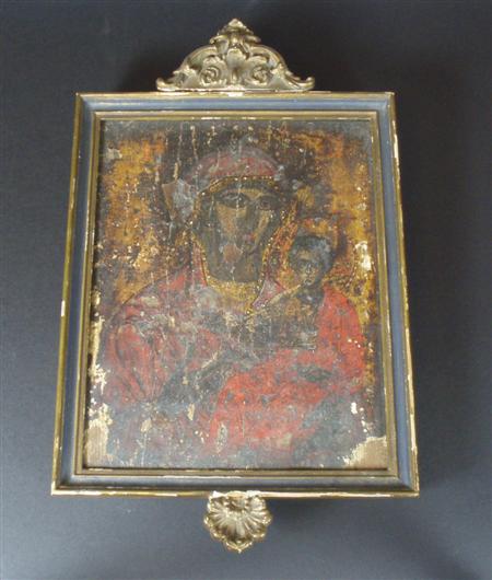 Appraisal: A framed Greek icon of the Virgin Hodegetria on soft