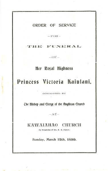 Appraisal: KAIULANI PRINCESS OF HAWAII - Order of Service for the