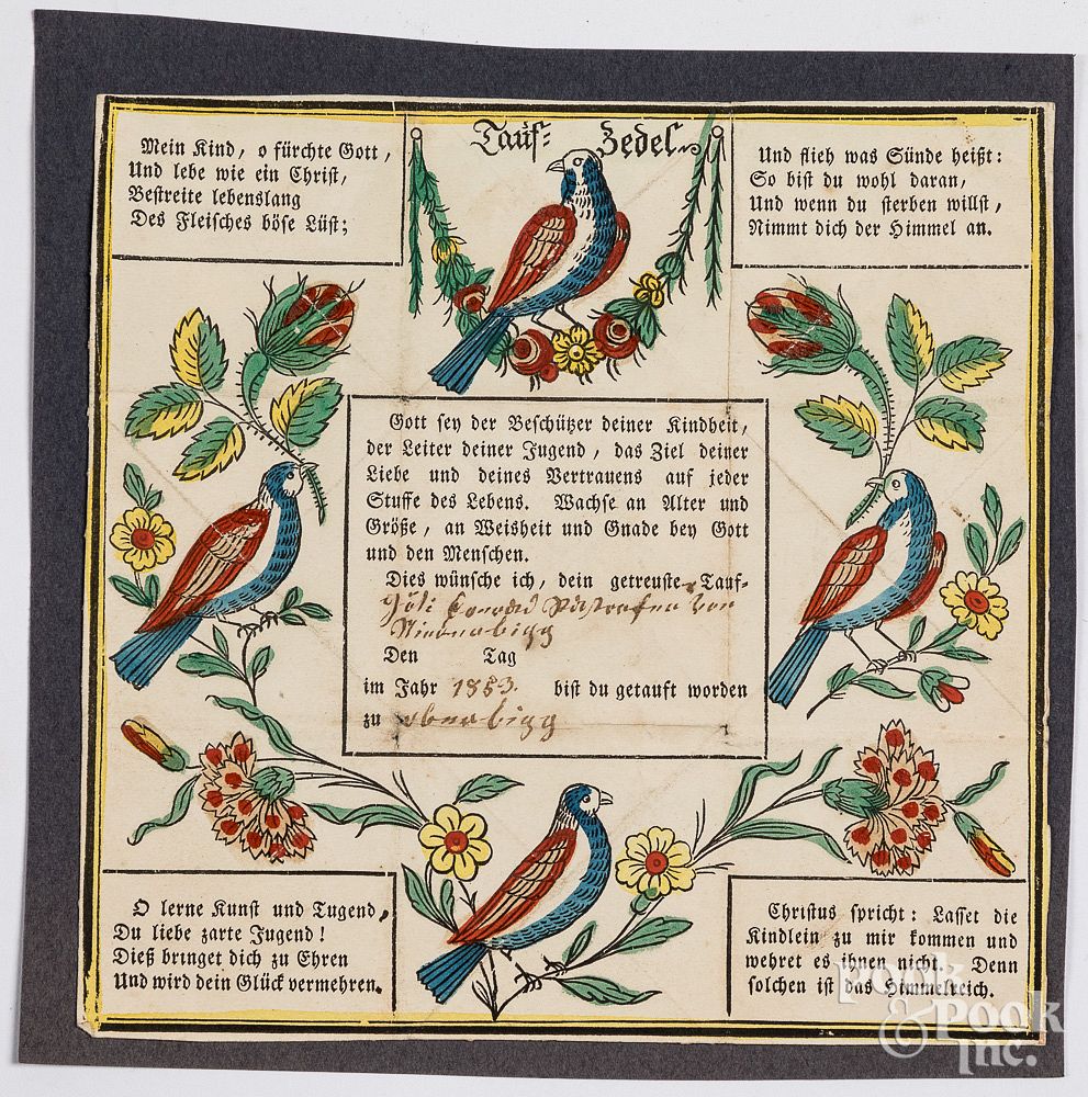 Appraisal: Printed and hand colored Taufzettel Tauf-Zedel Printed and hand colored