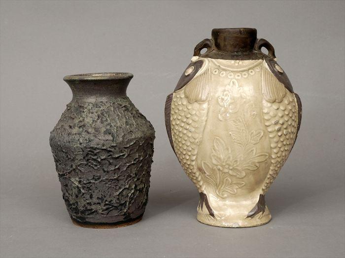 Appraisal: Japanese Pottery Double Fish-Form Vase and a Lava-Textured Vase and