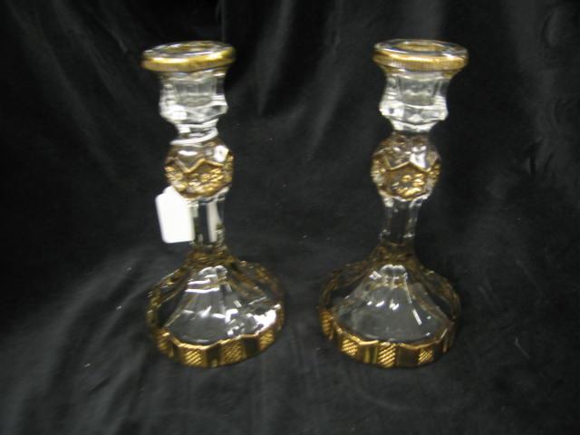 Appraisal: Pair of Glass Candlesticks gold trim tall