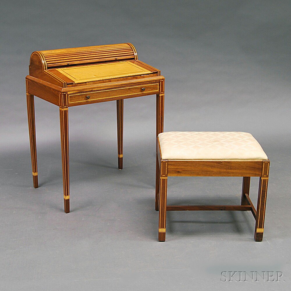 Appraisal: Inlaid Walnut Oak and Maple Roll-top Desk and Bench th