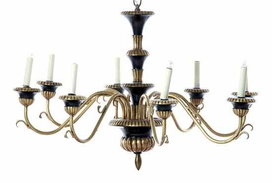 Appraisal: French Empire style wood and iron chandelier turned baluster emitting