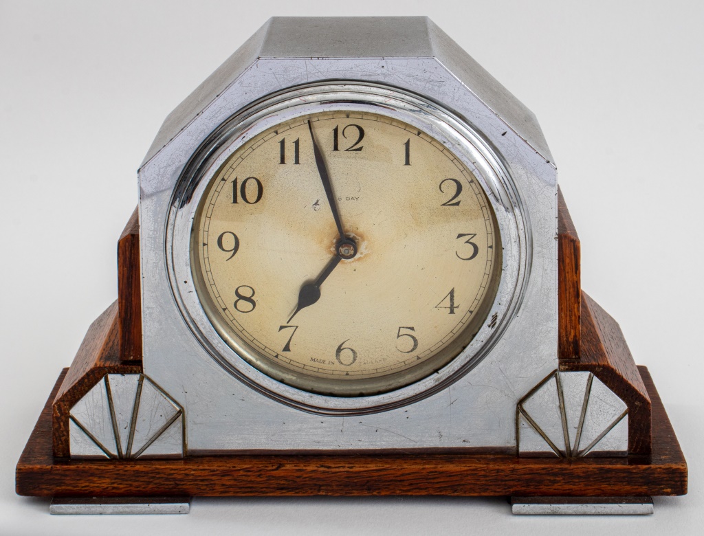 Appraisal: BRITISH ART DECO OAK AND CHROME DESK CLOCK S British