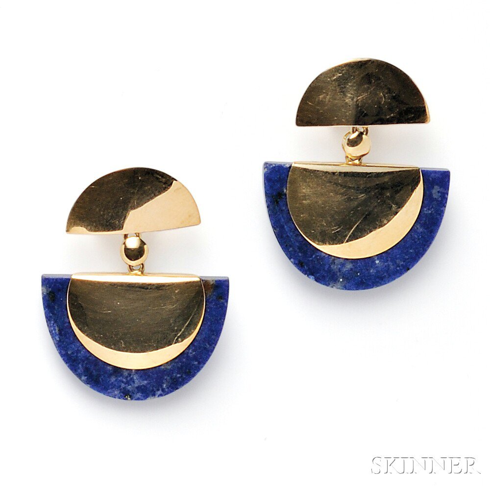 Appraisal: kt Gold and Lapis Earpendants each gold half circle suspending