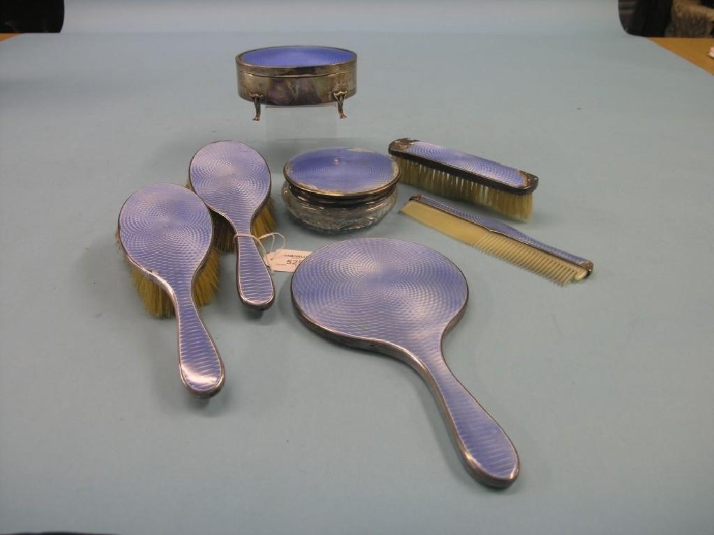 Appraisal: A silver and blue enamel dressing table set pair of