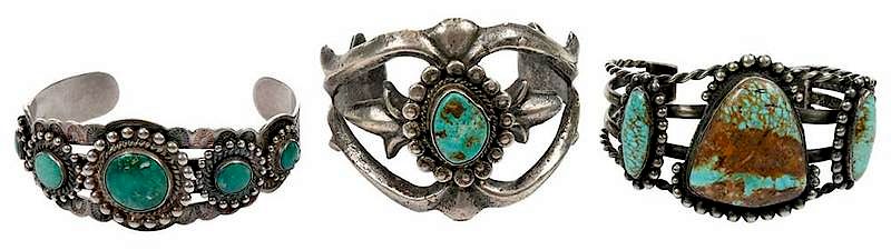 Appraisal: Three Southwest Silver Cuff Bracelets each with turquoise cabochons one