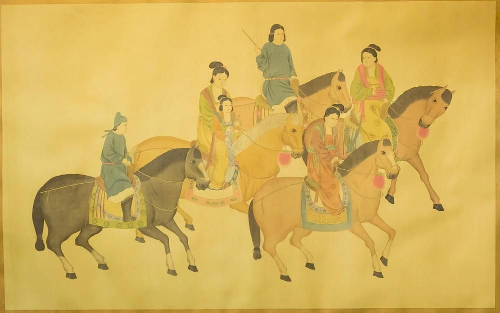 Appraisal: Chinese Inks on Silk Painting Equestrian Group Chinese inks on